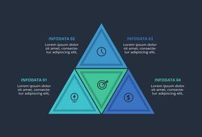 Triangle infographic with 4 elements, presentations, illustration. Template for web on a black background. vector