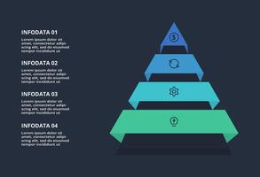 Triangle infographic with 4 elements, presentations, illustration. Template for web on a black background. vector