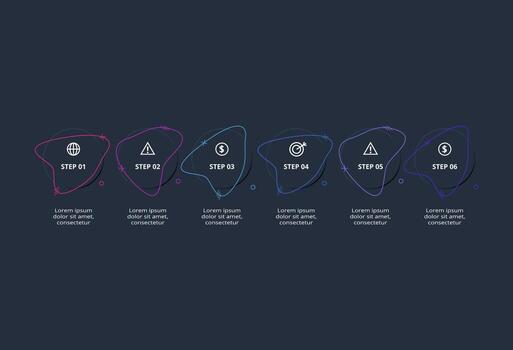 Creative infographic with 6 elements, presentations, illustration. Template for web on a black background. vector