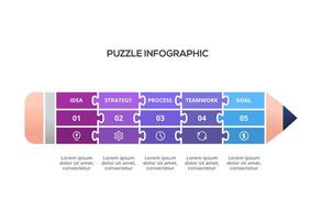 Puzzle infographic with 5 elements, presentations, illustration. Template for web vector