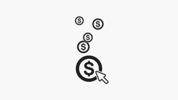 Seamless loop animation of black white cursor clicking on dollar symbol, causing coins to bounce and float upwards, then fade away, representing online financial transactions and earnings video