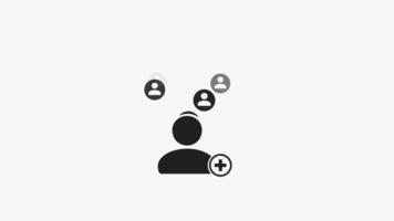 Loop animation of black white icon representing adding new user, with large user icon and smaller user icons floating upwards, indicating new connections or followers, Ideal for social media video