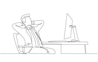 Continuous one line drawing of relaxed businessman sitting in front of computer with hands clasped behind his neck, relax at work concept, single line art. vector