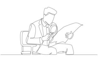 Continuous one line drawing of businessman using magnifying glass to read newspaper, screening out fake news concept, single line art. vector