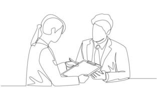 Continuous one line drawing of businesswoman presenting contract to client for signature, business contract concept, single line art. vector