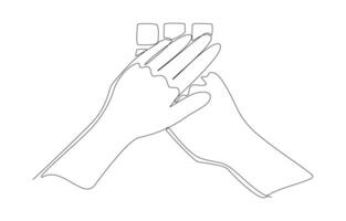 Continuous one line drawing of hand pressing code while other hand covering it, password theft protection when using atm or payment terminal concept, single line art. vector
