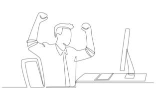 Continuous one line drawing of happy office worker sitting and raising hands in front of office pc, celebration of work success concept, single line art. vector