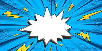 Comic blank text speech bubble pop art style blue background, halftone shadow thunder lightning stripes vector