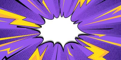 Blank comic cartoon purple background with thunder lightning, cartoon pop art style with empty dialog bubble vector