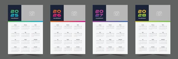 Modern wall calendar design for 2025, 2026, 2027, 2028. One page wall calendar template design, week starts on sunday, minimalist style vector