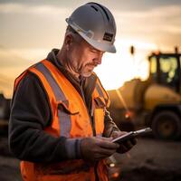 Portret a person in a safety vest writing on a clipboard at a construction. photo