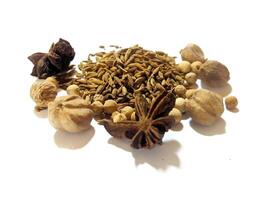 Pile of spices and herbs, there are cumin, cardamom, pepper, and star anise isolated on white photo