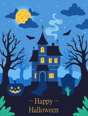 Haunted house with graveyard, pumpkin, bats, trees, full moon. Happy Halloween