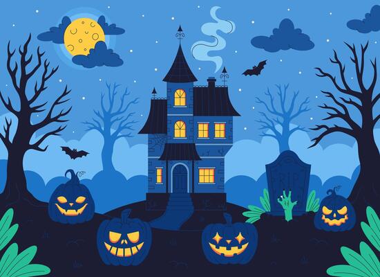 Haunted house with graveyard, pumpkin, bats, trees, full moon. Happy Halloween