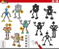 finding shadows game with cartoon robots characters vector