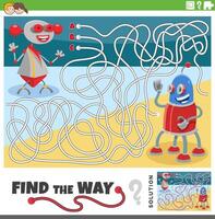 maze activity game with cartoon robots fantasy characters vector