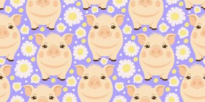 seamless pattern with piglets and camomiles on lilac background vector