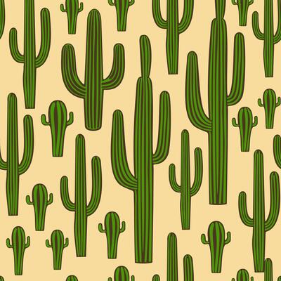seamless pattern with green cacti on light beige background
