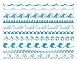 Sea wave borders. Seamless ocean blue waves, nautical horizontal border for pattern brush, wavy water splashes. Sea storm and river flow abstract symbols. Isolated set vector