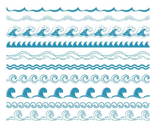 Sea wave borders. Seamless ocean blue waves, nautical horizontal border for pattern brush, wavy water splashes. Sea storm and river flow abstract symbols. Isolated set