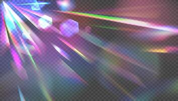 Rainbow flare background. Prism light overlay with rainbow light effect, transparent flares of crystal diamond. Glares lens spectrum of gem glass refraction, sun dispersion. Abstract texture vector