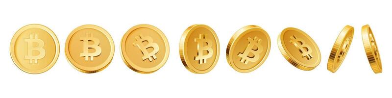 Golden bitcoin rotating coin. Virtual money cryptocurrency different side set realistic illustration. Financial assets electronic payment growth of income mining and investment global currency vector