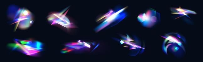 Rainbow crystal light leak flare reflection effect. Optical lens reflections overlay. Colorful glass prism Iridescent lights beam diamond holographic overlay streaks on dark. realistic set vector