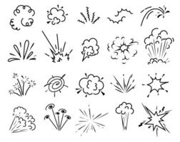 Doodle bomb explosion, cartoon comic clouds of boom bang, dynamite blast cloud. Bomb explode or TNT explosive comic effect of crash and bang pop spark with flash clouds in doodle line vector
