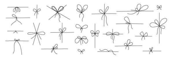 Line bow gift ribbon. Strings for parcel wrap silhouette icons, black line art rope cord with simple knot and bow for birthday or Christmas present package decoration. doodle nodes isolated set vector