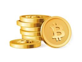 Bitcoin stack. Golden BTC cryptocurrency 3D realistic coins pile. Blockchain, crypto business and deposit, investment and virtual payment concept vector