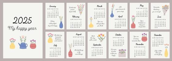 Calendar 2025 template. Monthly calendar 2025 with hand drawn flowers and motivation quotes for every day. Sunday standard. Modern calendar for the office, organizer or for a gift. Design Template. vector