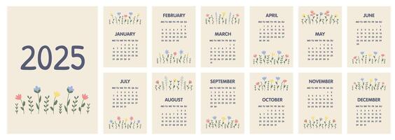 Calendar 2025 template. Monthly calendar 2025 with cute flowers. Set of 12 Month. Starts on Monday. A modern calendar for office, organizer, working place, wall, table. Design Template. vector