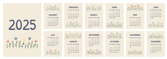Calendar 2025 template. Monthly calendar 2025 with cute flowers. Set of 12 Month. Starts on Monday. A modern calendar for office, organizer, working place, wall, table. Design Template. vector