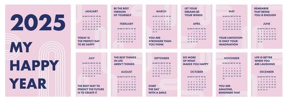 Calendar 2025 template. Monthly calendar 2025 with motivation quotes for every day. Vertical Arrangement, 12 Months. My happy year. Modern calendar for office, organizer, working place, wall, table. vector