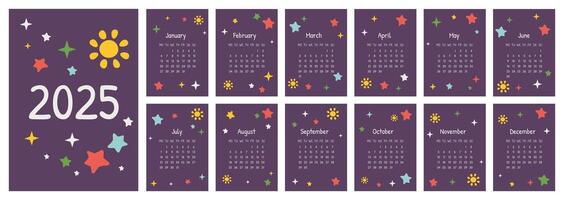 Printable calendar 2025. Monday standard. Calendar of 12 Months, Calendar for kids with stars. Modern calendar for planner, notebook, organizer, wall, desk. Design template. Vertical A4. vector