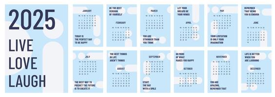 Calendar 2025 template. Monthly calendar 2025 with motivation quotes. Starts Sunday. My happy year. Modern calendar for office, organizer, working place, wall, table. Vertical A4 Design Template. vector