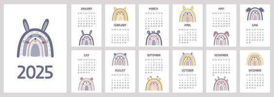 Calendar 2025 template. Monthly calendar 2025 with boho animals rainbows. Trendy colors, cartoon style. Starts on Monday. A modern cute calendar for kids, nursery. Vertical A4 design template. vector