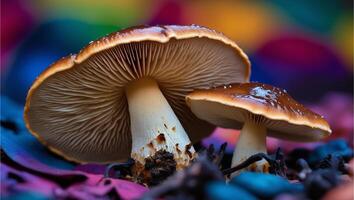 Selective focus of mushrooms with colorful soil behind them like in a magic world. photo