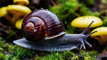 Selective focus of snail walking in puddles and moss after being rained on. photo