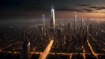 An aerial view of a high-tech city at dusk reveal a stunning skyline of illuminated skyscrapers, with a vibrant streets that glowing with carlights, creating a dynamic of an urban life. photo