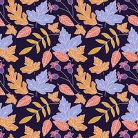 Seamless pattern with various leaves and plants, seasonal flowers on a dark background. vector