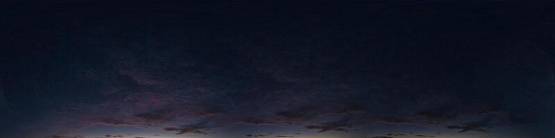 Dark blue sky panorama after sunset with Cirrus clouds. Seamless hdr 360 pano in spherical equirectangular format. Complete zenith for 3D visualization and sky replacement for aerial drone panoramas photo