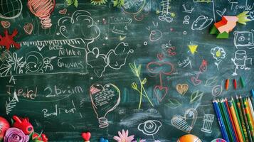 Back to school concept with chalkboard and school supplies in the classroom photo