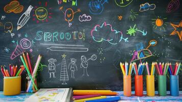 Back to school concept with chalkboard and school supplies in the classroom photo