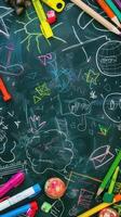 Back to school concept with chalkboard and school supplies in the classroom photo