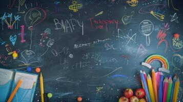 Back to school concept with chalkboard and school supplies in the classroom photo
