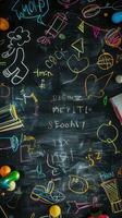 Back to school concept with chalkboard and school supplies in the classroom photo