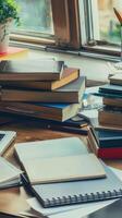 Stack of books on the table in the library. Education concept. photo