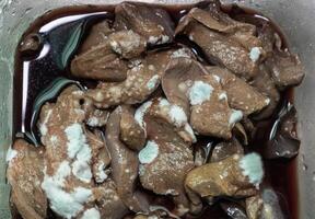 Raw pig liver having fungus molds. Moldy food has an undesirable taste and texture and may have green or white fuzzy spots. photo