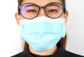 Close up of young Asian woman worring and wearing mask for protect bad air pollution. photo